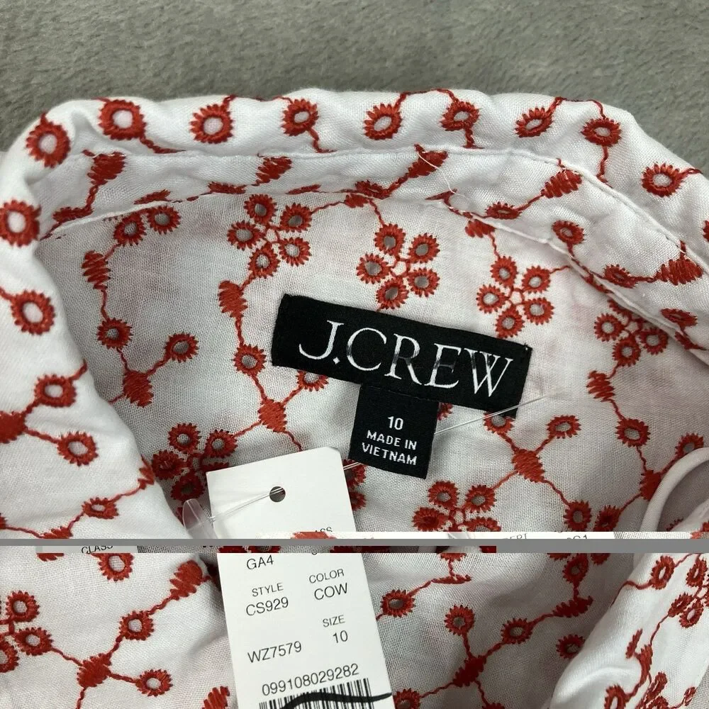 J Crew Eyelet Shirt Dress Womens 10 Red Mini Sleeveless Collared Feminine